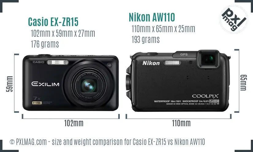 Casio EX-ZR15 vs Nikon AW110 size comparison