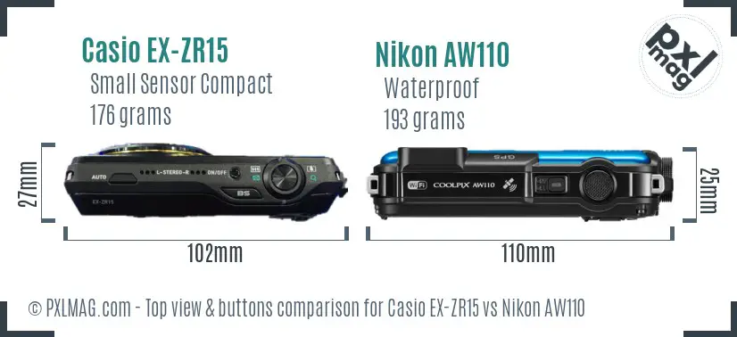 Casio EX-ZR15 vs Nikon AW110 top view buttons comparison