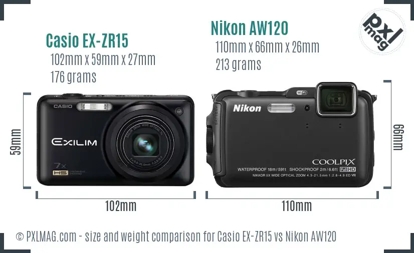 Casio EX-ZR15 vs Nikon AW120 size comparison