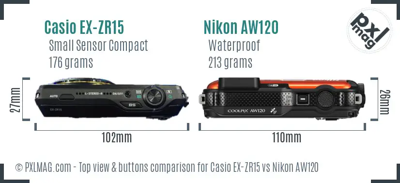Casio EX-ZR15 vs Nikon AW120 top view buttons comparison