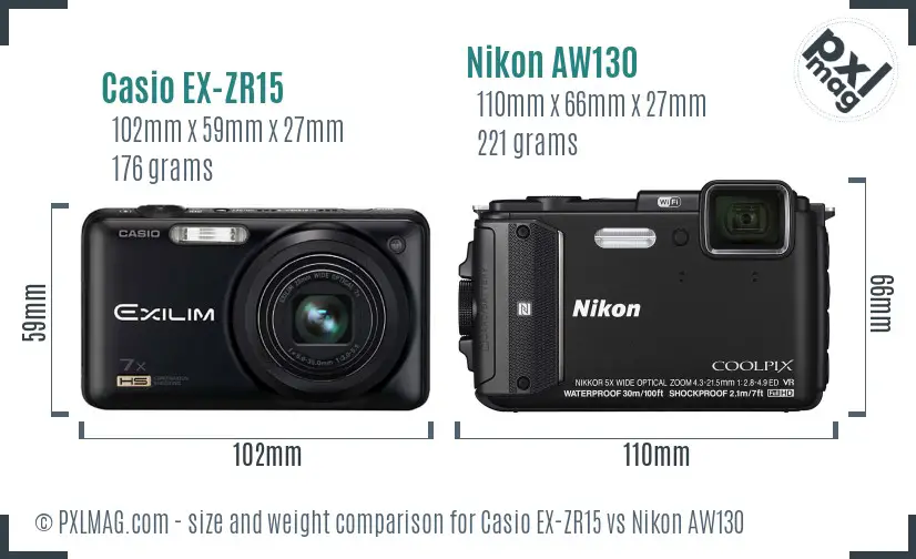 Casio EX-ZR15 vs Nikon AW130 size comparison
