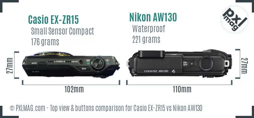 Casio EX-ZR15 vs Nikon AW130 top view buttons comparison