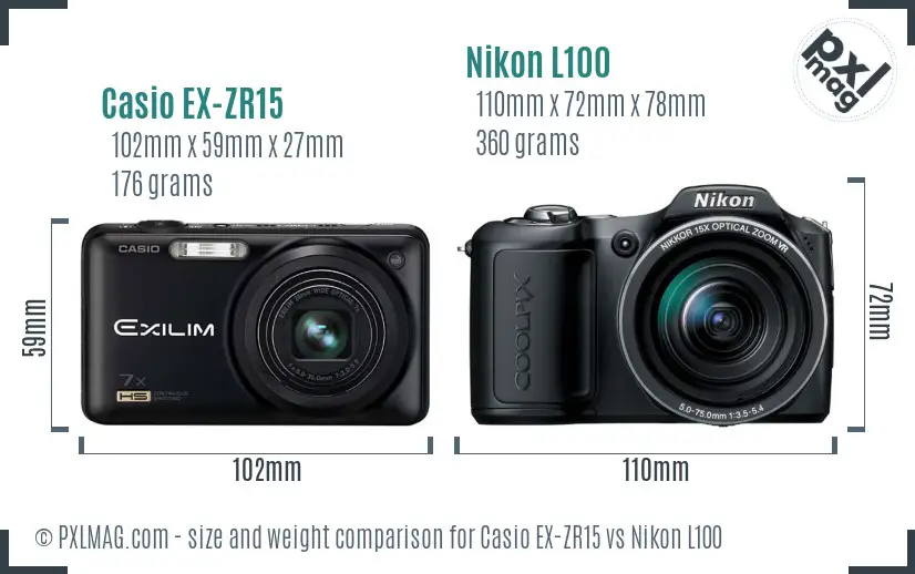 Casio EX-ZR15 vs Nikon L100 size comparison