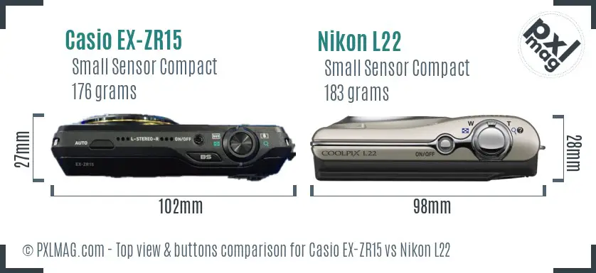Casio EX-ZR15 vs Nikon L22 top view buttons comparison Casio EX-ZR15 vs Nikon L22 top view buttons comparison