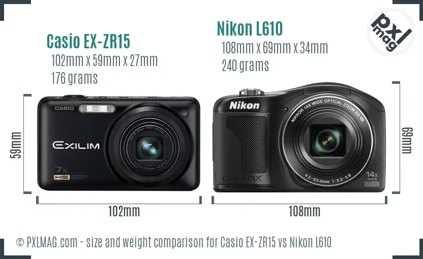 Casio EX-ZR15 vs Nikon L610 size comparison
