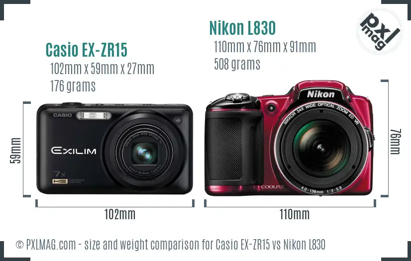 Casio EX-ZR15 vs Nikon L830 size comparison