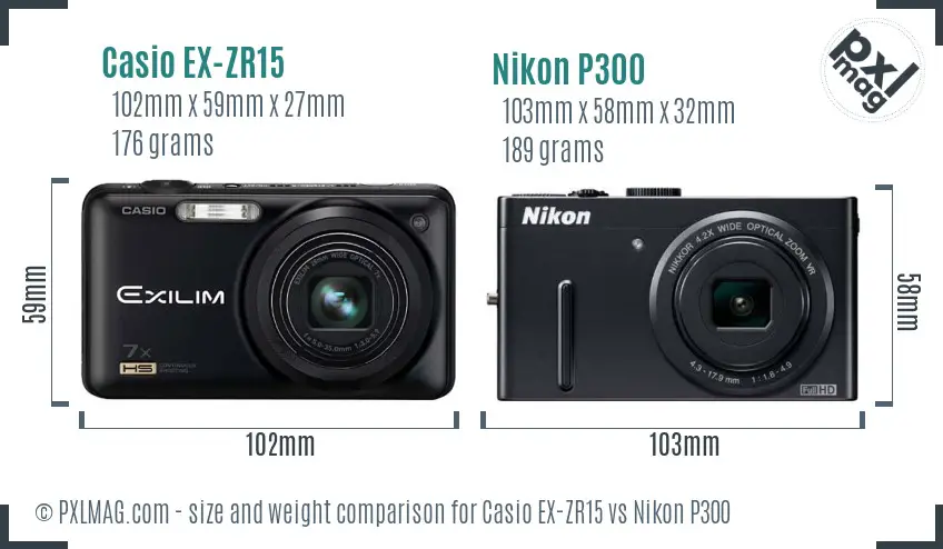 Casio EX-ZR15 vs Nikon P300 size comparison