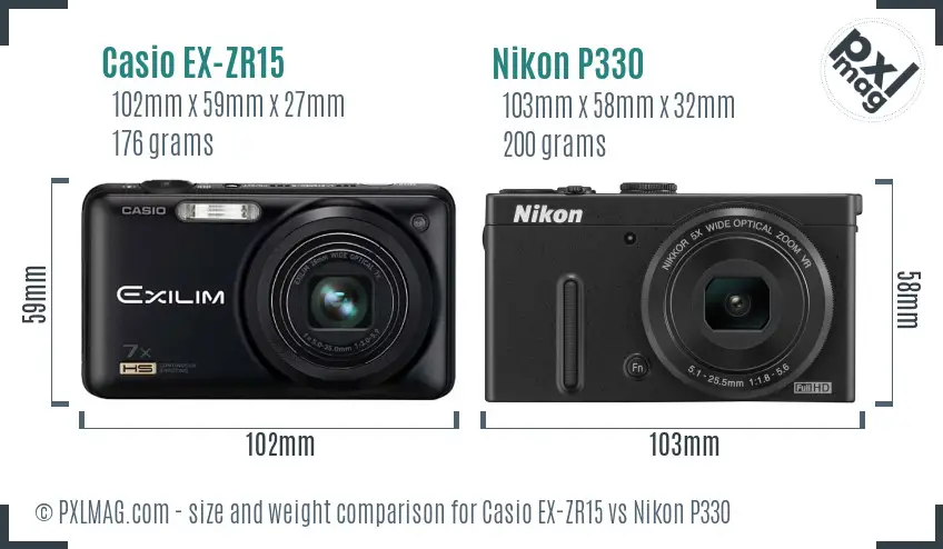 Casio EX-ZR15 vs Nikon P330 size comparison Casio EX-ZR15 vs Nikon P330 size comparison