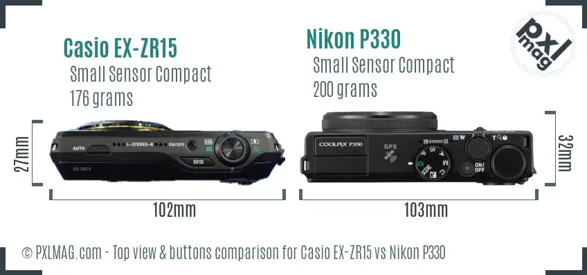 Casio EX-ZR15 vs Nikon P330 top view buttons comparison Casio EX-ZR15 vs Nikon P330 top view buttons comparison
