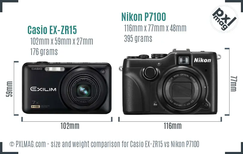 Casio EX-ZR15 vs Nikon P7100 size comparison