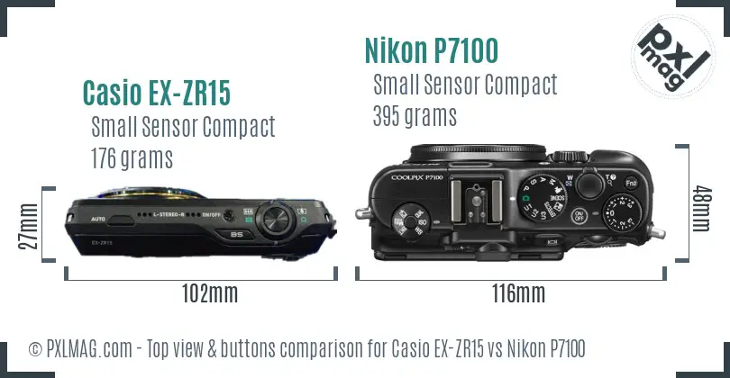 Casio EX-ZR15 vs Nikon P7100 top view buttons comparison