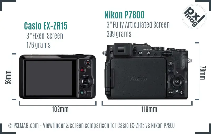 Casio EX-ZR15 vs Nikon P7800 Screen and Viewfinder comparison