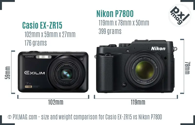 Casio EX-ZR15 vs Nikon P7800 size comparison
