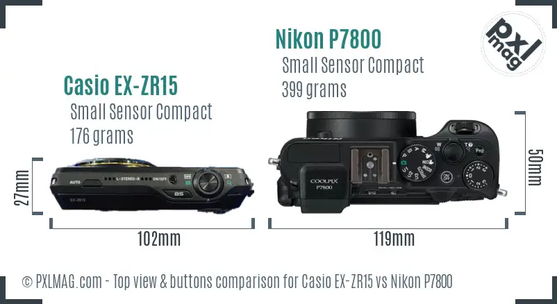 Casio EX-ZR15 vs Nikon P7800 top view buttons comparison