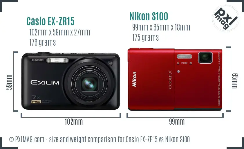 Casio EX-ZR15 vs Nikon S100 size comparison