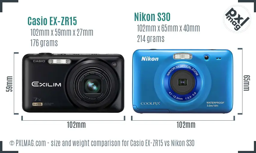 Casio EX-ZR15 vs Nikon S30 size comparison