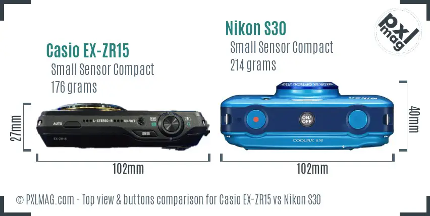 Casio EX-ZR15 vs Nikon S30 top view buttons comparison