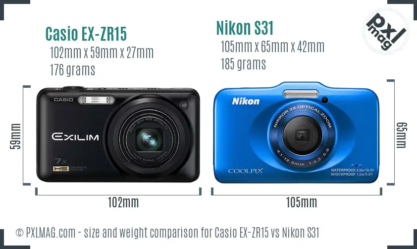 Casio EX-ZR15 vs Nikon S31 size comparison