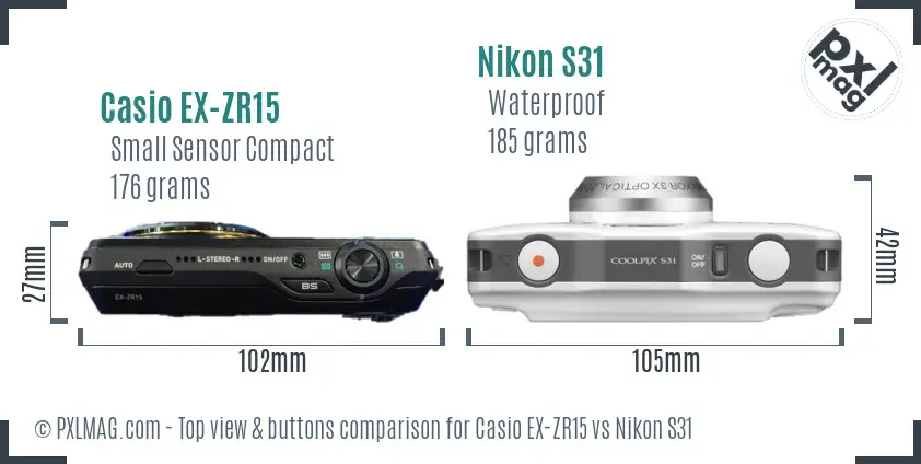 Casio EX-ZR15 vs Nikon S31 top view buttons comparison