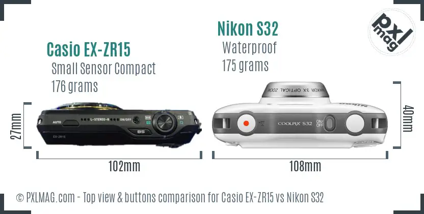 Casio EX-ZR15 vs Nikon S32 top view buttons comparison Casio EX-ZR15 vs Nikon S32 top view buttons comparison
