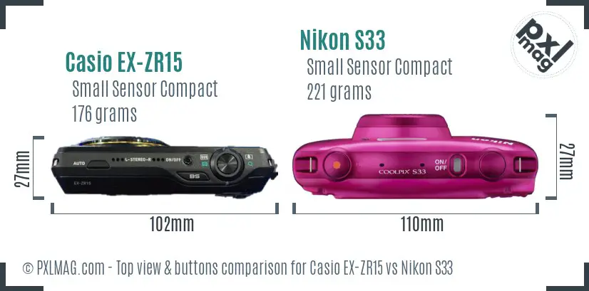 Casio EX-ZR15 vs Nikon S33 top view buttons comparison