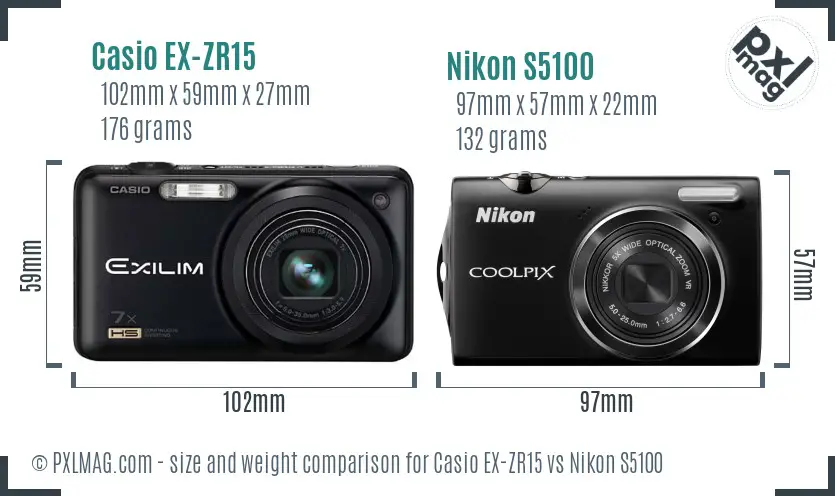 Casio EX-ZR15 vs Nikon S5100 size comparison