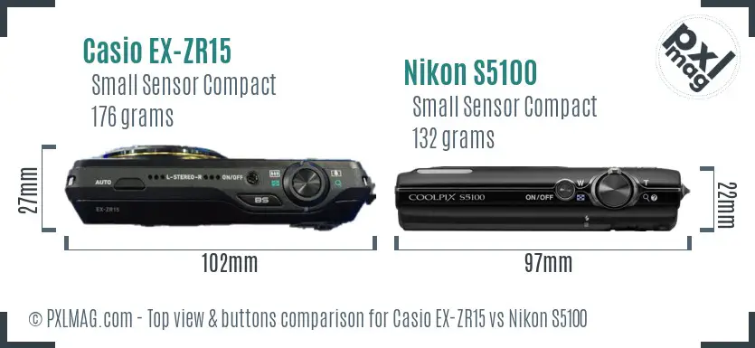 Casio EX-ZR15 vs Nikon S5100 top view buttons comparison