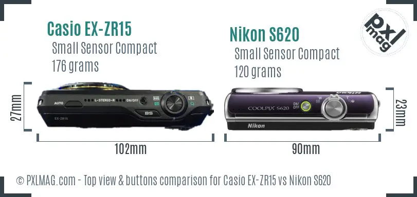 Casio EX-ZR15 vs Nikon S620 top view buttons comparison