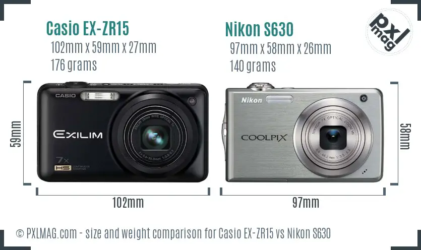 Casio EX-ZR15 vs Nikon S630 size comparison