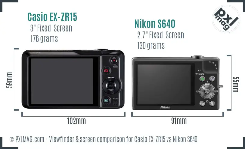 Casio EX-ZR15 vs Nikon S640 Screen and Viewfinder comparison
