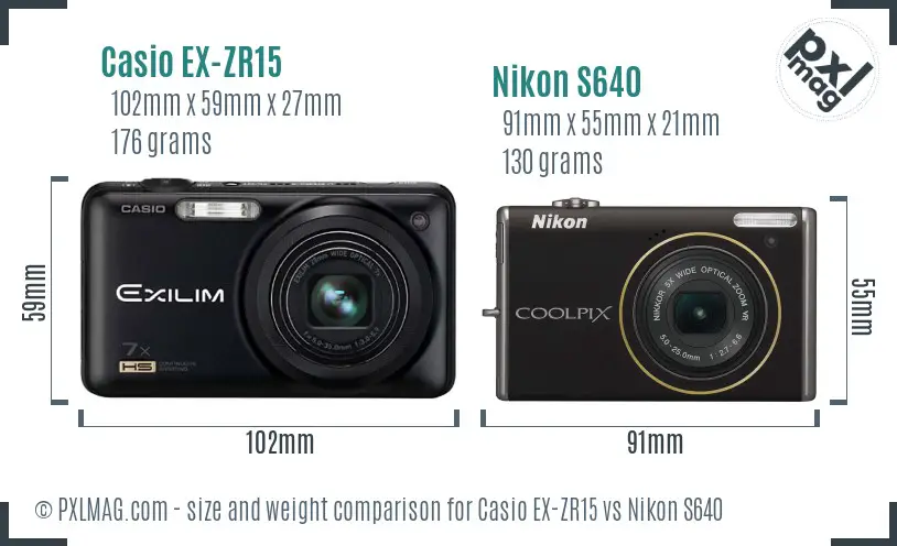 Casio EX-ZR15 vs Nikon S640 size comparison