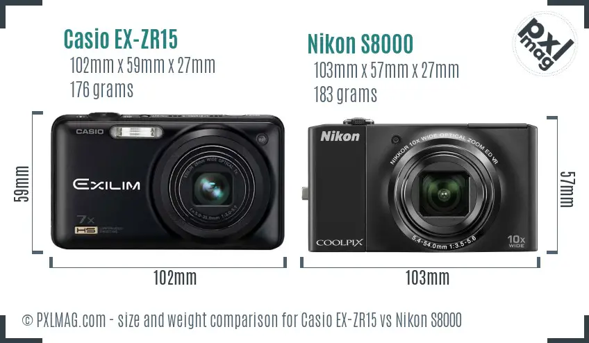 Casio EX-ZR15 vs Nikon S8000 size comparison