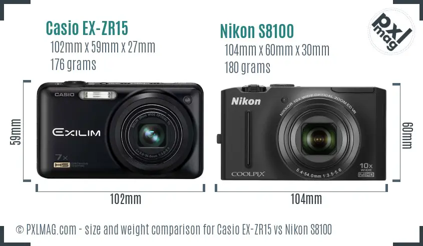 Casio EX-ZR15 vs Nikon S8100 size comparison