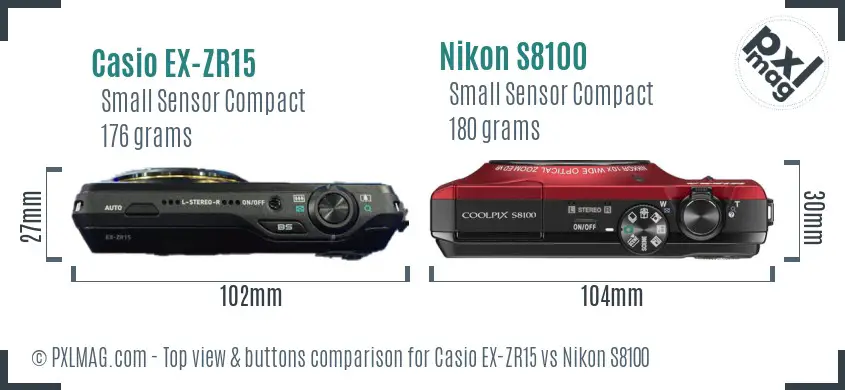 Casio EX-ZR15 vs Nikon S8100 top view buttons comparison