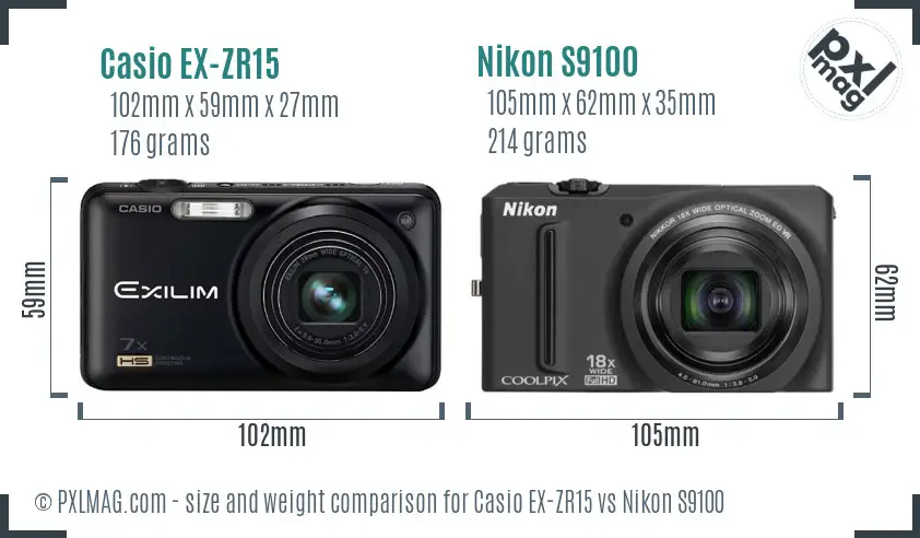 Casio EX-ZR15 vs Nikon S9100 size comparison