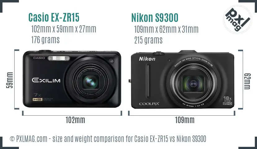 Casio EX-ZR15 vs Nikon S9300 size comparison