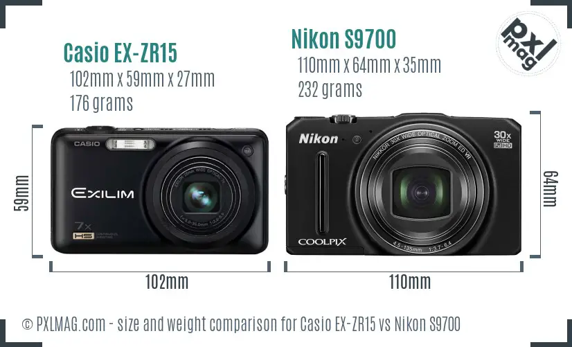Casio EX-ZR15 vs Nikon S9700 size comparison