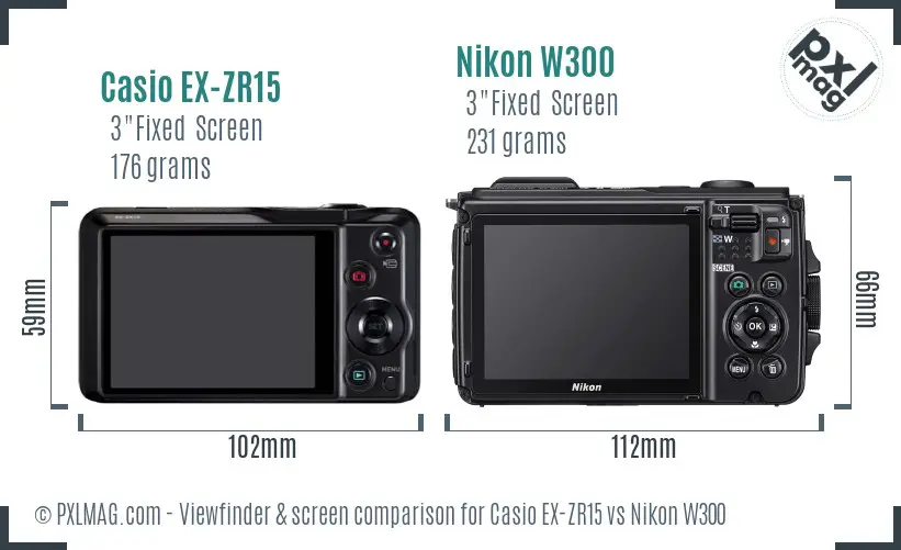 Casio EX-ZR15 vs Nikon W300 Screen and Viewfinder comparison