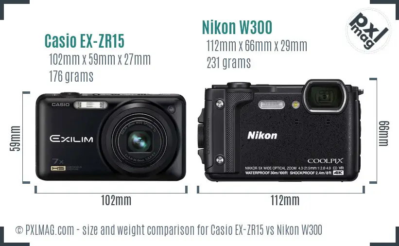 Casio EX-ZR15 vs Nikon W300 size comparison