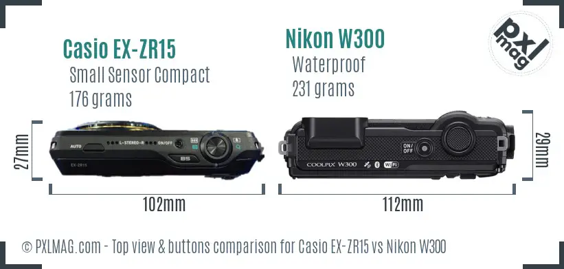 Casio EX-ZR15 vs Nikon W300 top view buttons comparison