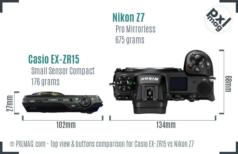 Casio EX-ZR15 vs Nikon Z7 top view buttons comparison