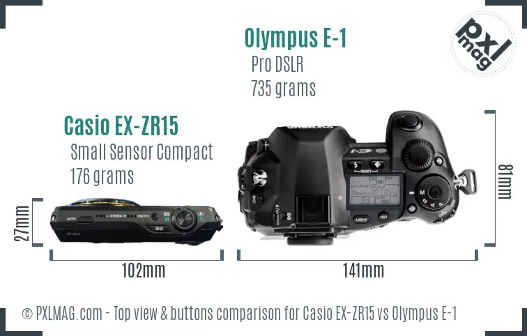 Casio EX-ZR15 vs Olympus E-1 top view buttons comparison