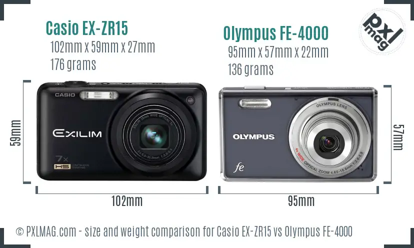 Casio EX-ZR15 vs Olympus FE-4000 size comparison Casio EX-ZR15 vs Olympus FE-4000 size comparison