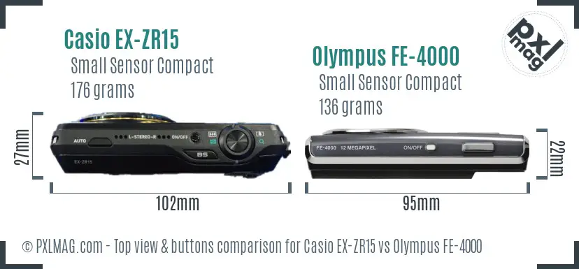 Casio EX-ZR15 vs Olympus FE-4000 top view buttons comparison Casio EX-ZR15 vs Olympus FE-4000 top view buttons comparison