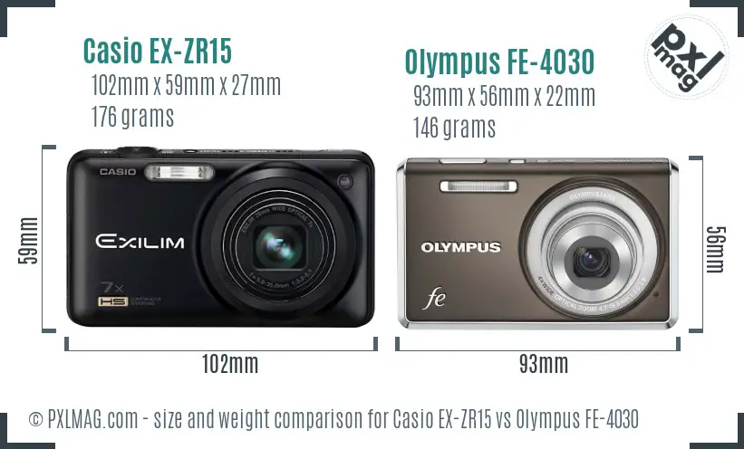 Casio EX-ZR15 vs Olympus FE-4030 size comparison Casio EX-ZR15 vs Olympus FE-4030 size comparison