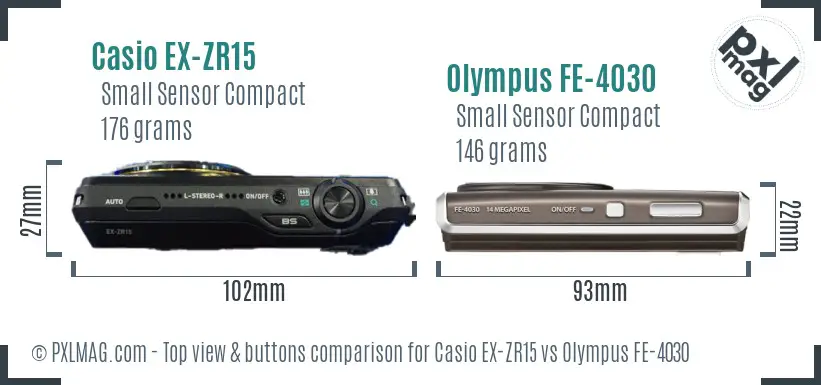 Casio EX-ZR15 vs Olympus FE-4030 top view buttons comparison Casio EX-ZR15 vs Olympus FE-4030 top view buttons comparison