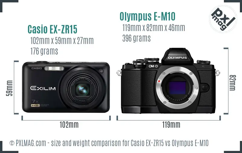 Casio EX-ZR15 vs Olympus E-M10 size comparison
