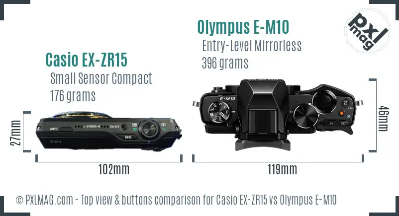Casio EX-ZR15 vs Olympus E-M10 top view buttons comparison