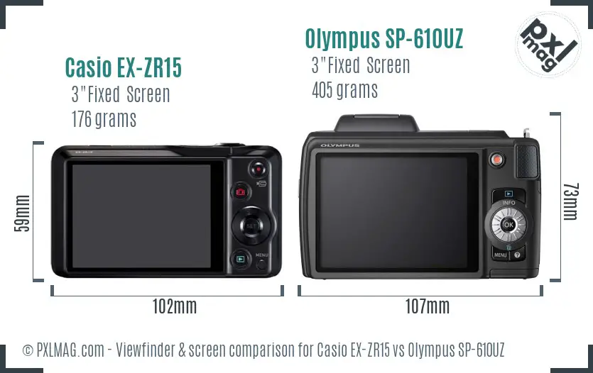 Casio EX-ZR15 vs Olympus SP-610UZ Screen and Viewfinder comparison