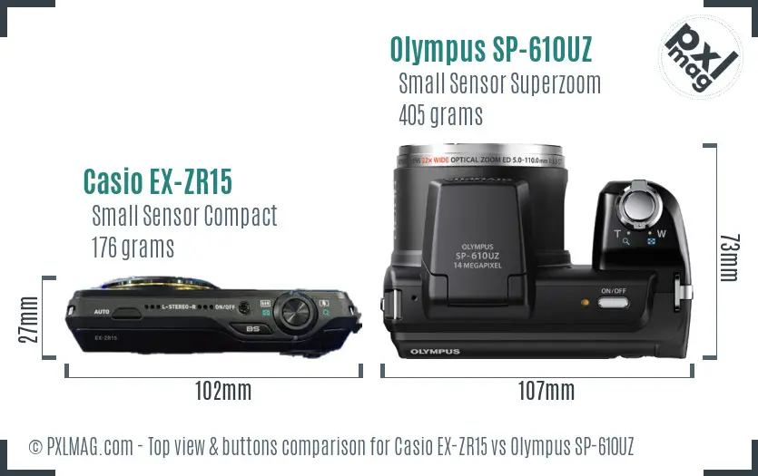 Casio EX-ZR15 vs Olympus SP-610UZ top view buttons comparison